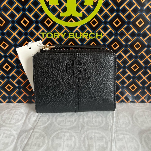Tory Burch McGraw Bifold Wallet Black Gold - Picture 1 of 12